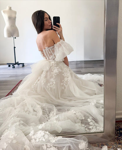 Tulle Lace Appliqued Beach Wedding Dresses A Line Sweetheart Boho Wedding Gowns HE1106