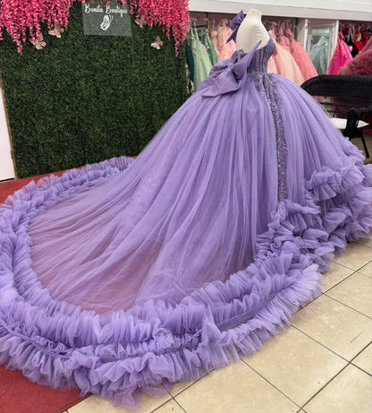 Princess Tulle Ruffled Lilac Quinceanera Dresses Lace Beaded Birthday Party Gowns HE1217