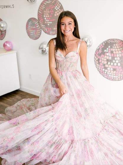 Women's Chiffon Floral Print A Line Long Prom Dresses Sweetheart Formal Evening Gowns HE1099