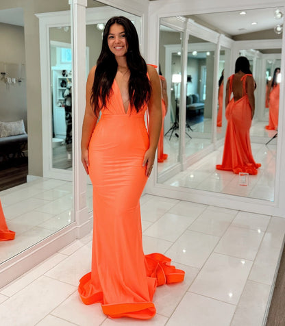 Mermaid V Neck Satin Prom Dresses Long Sexy Backless Evening Party Gowns for Women HE1133