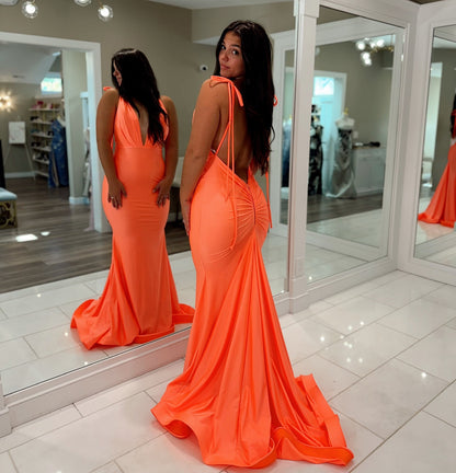 Mermaid V Neck Satin Prom Dresses Long Sexy Backless Evening Party Gowns for Women HE1133