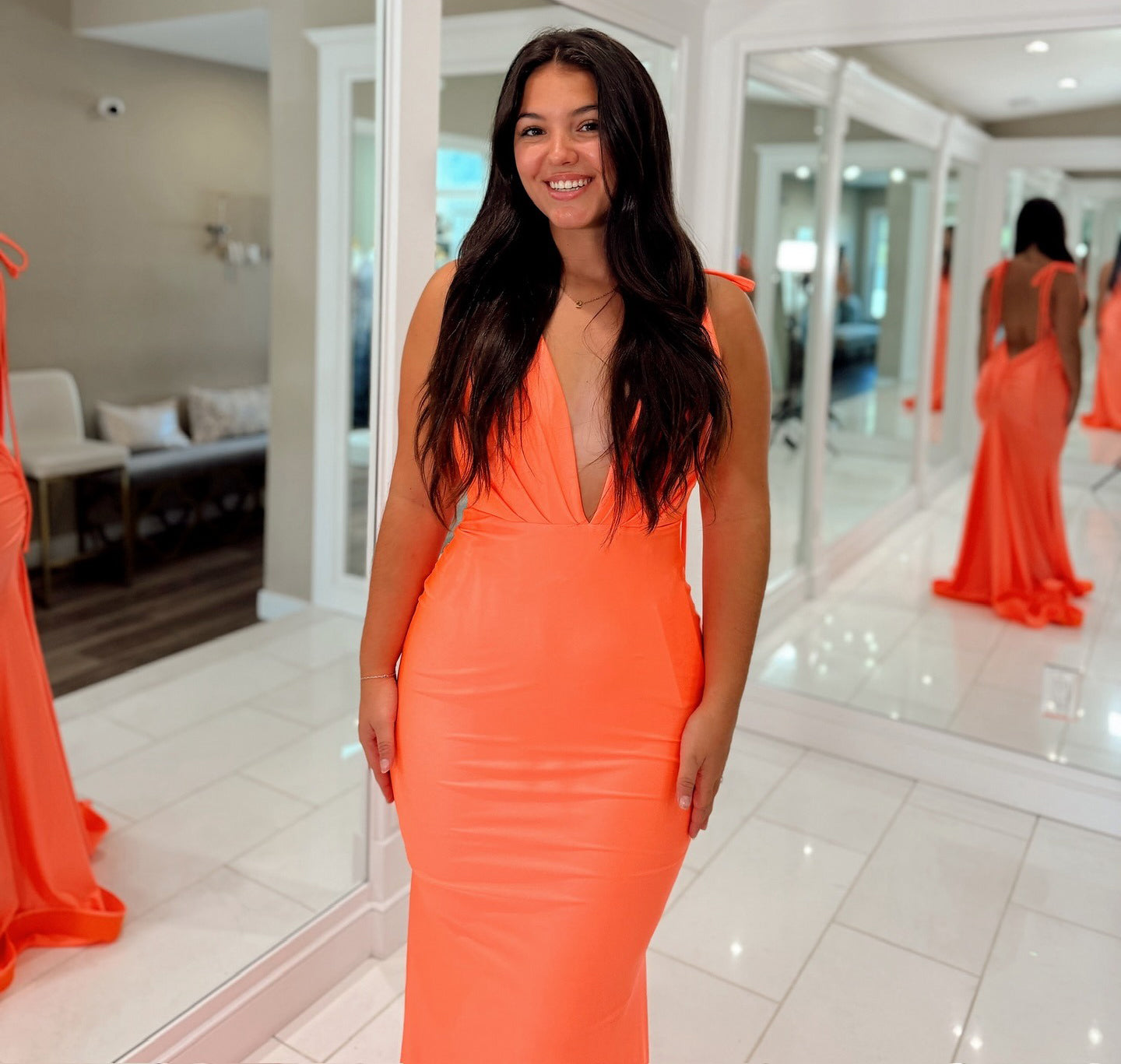 Mermaid V Neck Satin Prom Dresses Long Sexy Backless Evening Party Gowns for Women HE1133