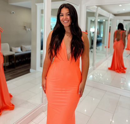 Mermaid V Neck Satin Prom Dresses Long Sexy Backless Evening Party Gowns for Women HE1133