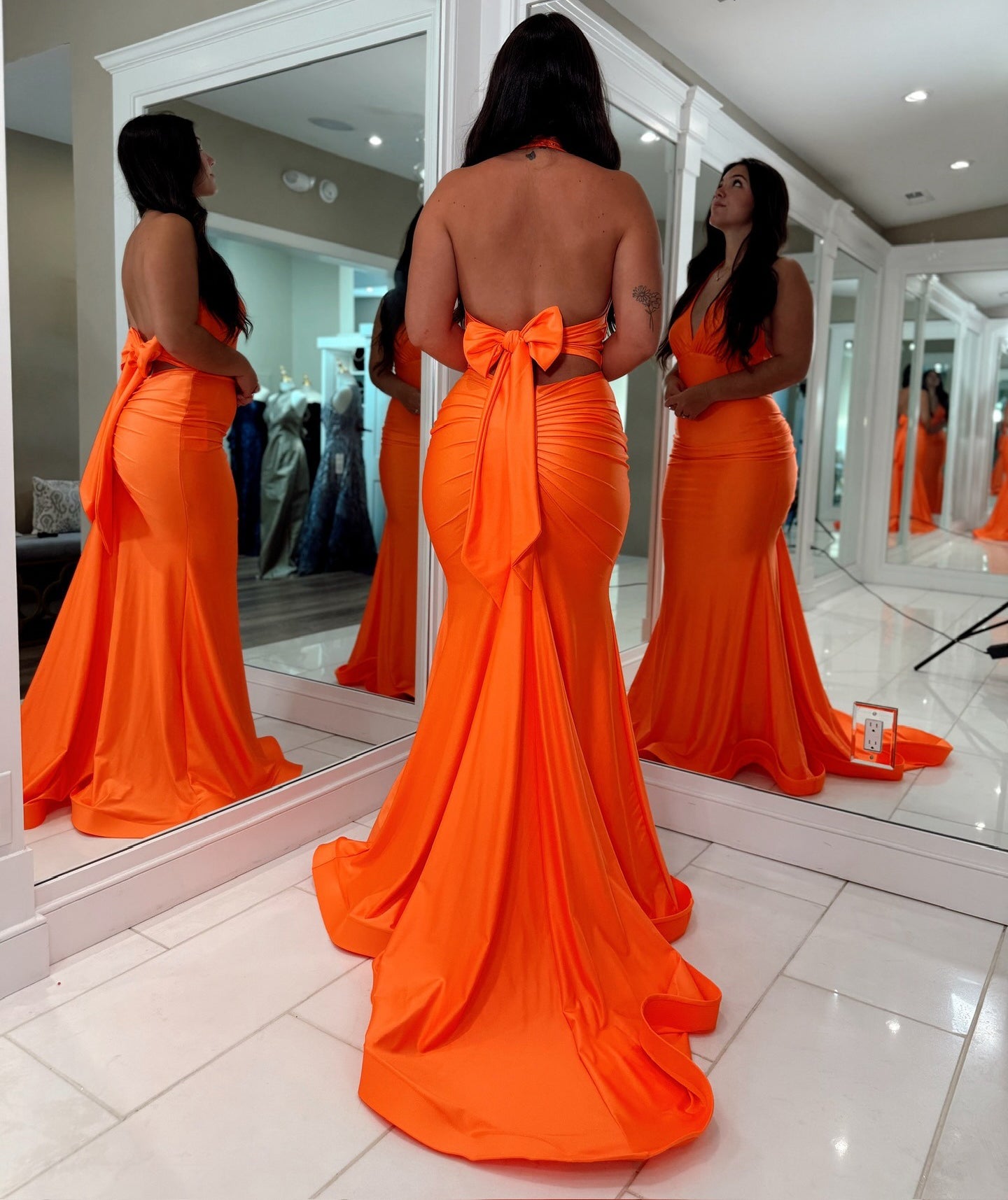 Satin V Neck Prom Dresses Long Mermaid Sexy Backless Formal Evening Gowns HE1134