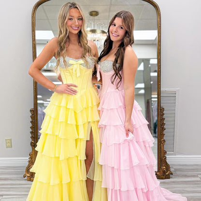 Sweetheart Corset Crystal Beaded Prom Dresses A Line Chiffon Ruffled Evening Gowns HE1101