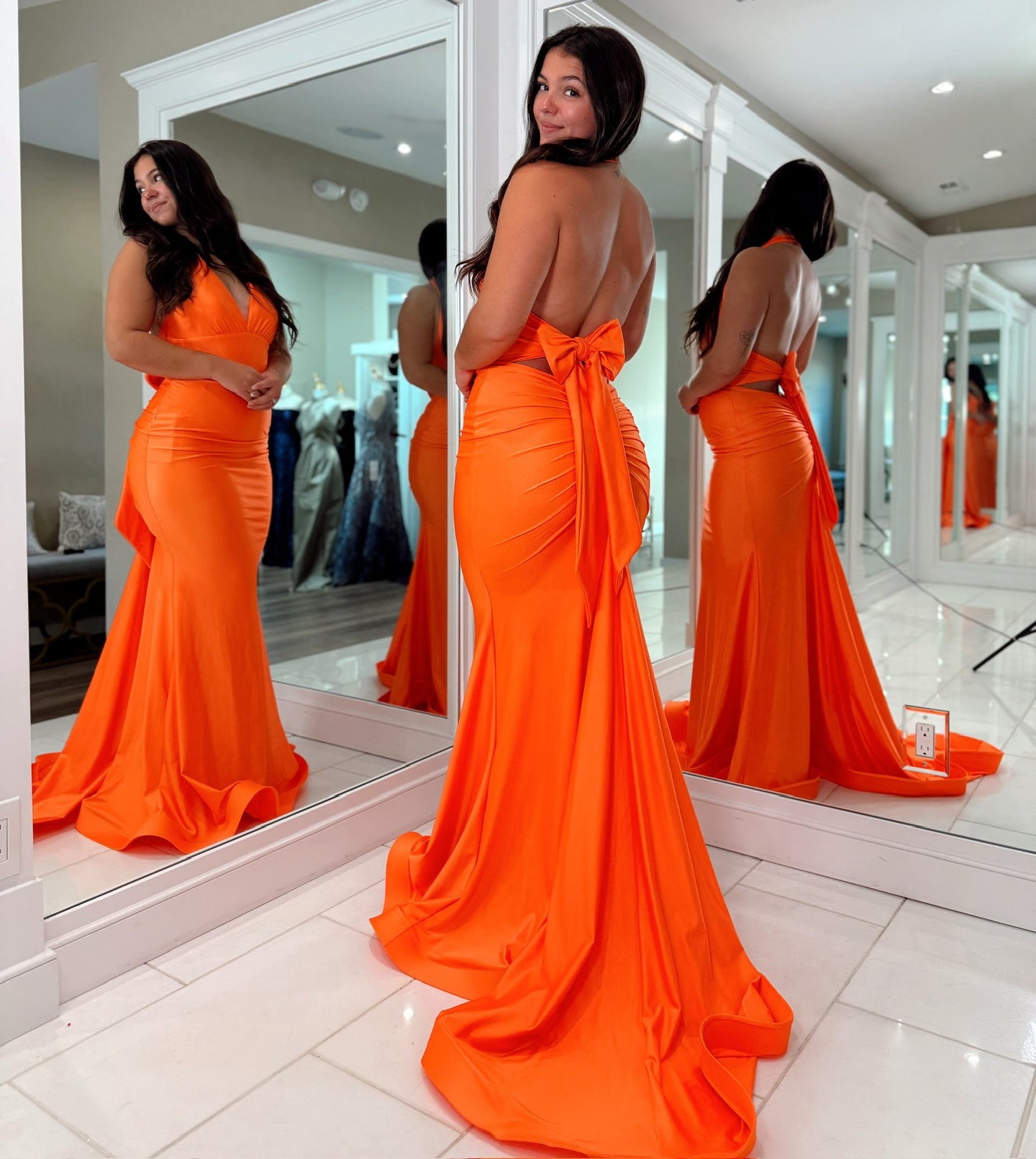 Satin V Neck Prom Dresses Long Mermaid Sexy Backless Formal Evening Gowns HE1134