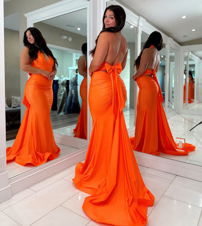 Satin V Neck Prom Dresses Long Mermaid Sexy Backless Formal Evening Gowns HE1134