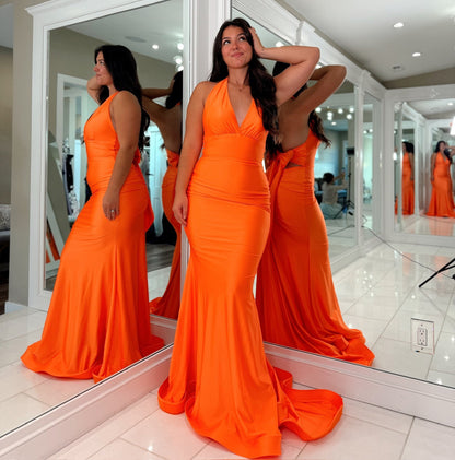 Satin V Neck Prom Dresses Long Mermaid Sexy Backless Formal Evening Gowns HE1134