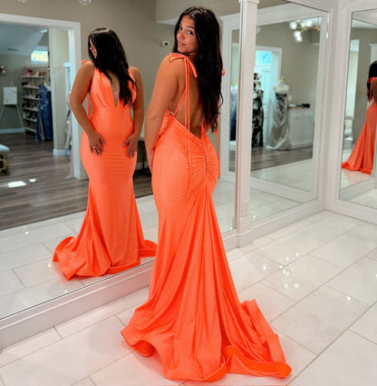 Mermaid V Neck Satin Prom Dresses Long Sexy Backless Evening Party Gowns for Women HE1133