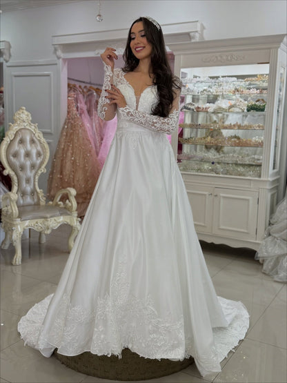 Long Sleeves A Line Satin Wedding Dresses V Neck Appliqued Wedding Gowns for Bride HE1103