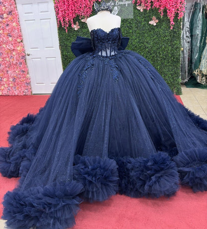 Off Shoulder Tulle Appliqued Quinceanera Dresses Navy Ruffled Corset Sweet 16 Party Gowns HE1214