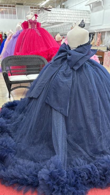 Off Shoulder Tulle Appliqued Quinceanera Dresses Navy Ruffled Corset Sweet 16 Party Gowns HE1214