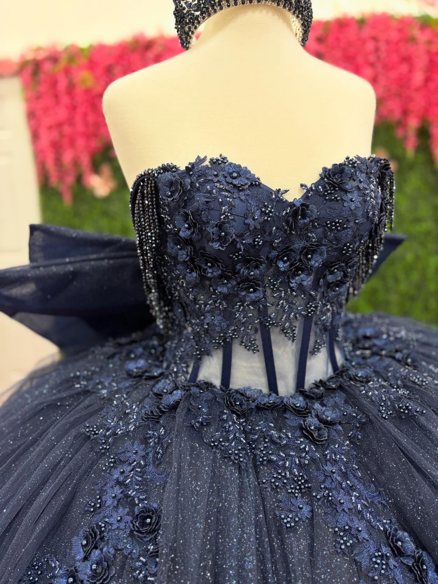 Off Shoulder Tulle Appliqued Quinceanera Dresses Navy Ruffled Corset Sweet 16 Party Gowns HE1214