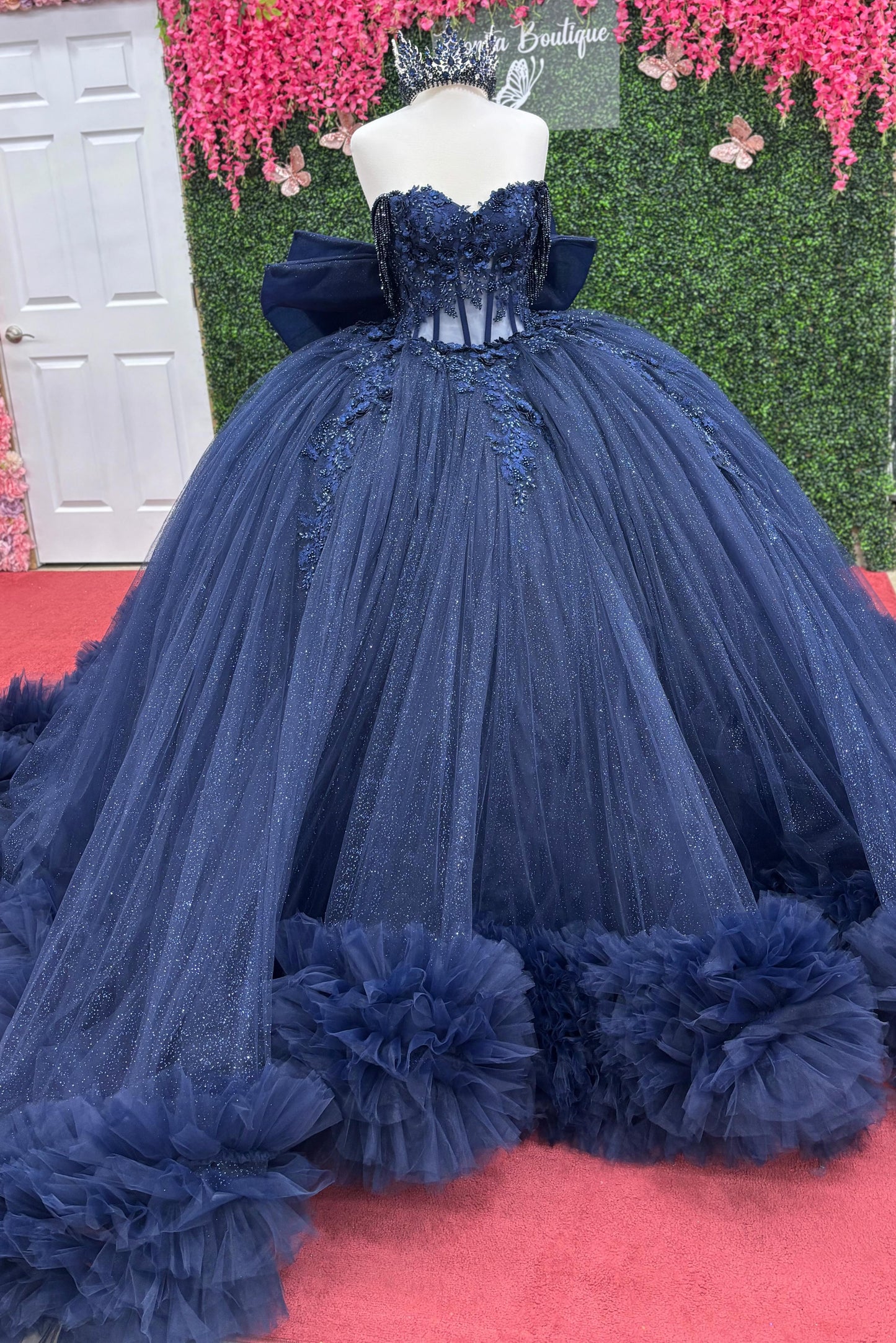 Off Shoulder Tulle Appliqued Quinceanera Dresses Navy Ruffled Corset Sweet 16 Party Gowns HE1214