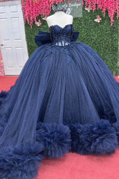 Off Shoulder Tulle Appliqued Quinceanera Dresses Navy Ruffled Corset Sweet 16 Party Gowns HE1214