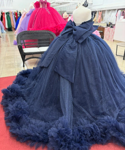 Off Shoulder Tulle Appliqued Quinceanera Dresses Navy Ruffled Corset Sweet 16 Party Gowns HE1214