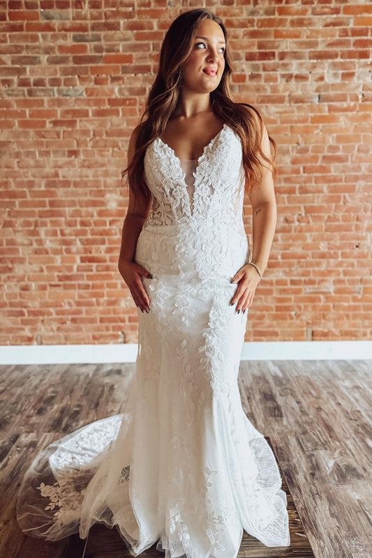 Women's Tulle Lace Appliqued Wedding Dresses V Neck Boho Wedding Gowns for Bride HE1341