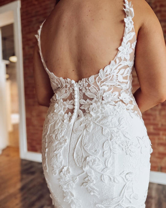 Women's Tulle Lace Appliqued Wedding Dresses V Neck Boho Wedding Gowns for Bride HE1341