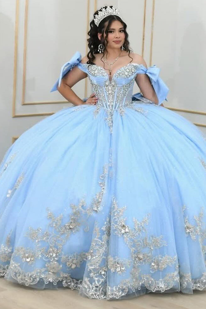HE064-Gergeous Off Shoulder Blue Ball Gown Sweet 16 Prom Dresses Tulle Lace Appliques Quinceanera Dresses