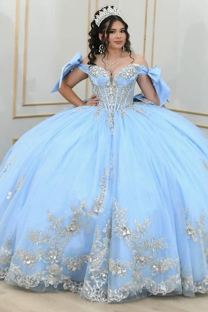 HE064-Gergeous Off Shoulder Blue Ball Gown Sweet 16 Prom Dresses Tulle Lace Appliques Quinceanera Dresses