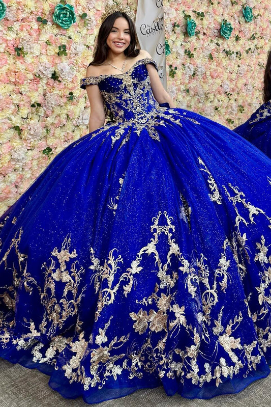 HE080-Royal Blue Off Shoulder Tulle Lace Quinceanera Dresses Ball Gowns Sleeveless Sweet 16 Birthday Prom Party Dresses