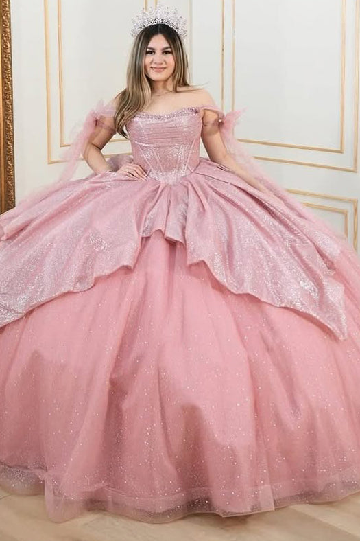 HE067-Off Shoulder Gergeous Tulle Glittery Quinceanera Dresses Ball Gown Corset Top Prom Birthday Party Gowns for Sweet 16