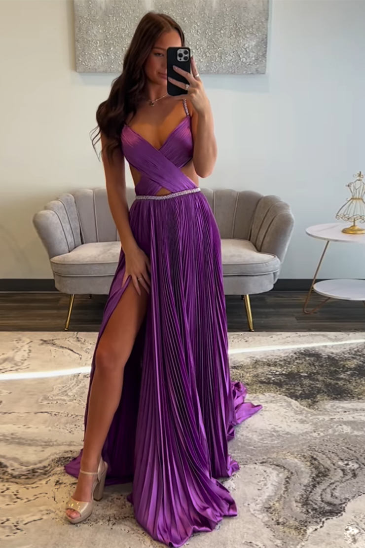 HE027-Vestidos de fiesta largos metalizados de corte A para mujer, vestidos de noche con abertura lateral, vestidos de fiesta de talla grande con escote en V y pliegues