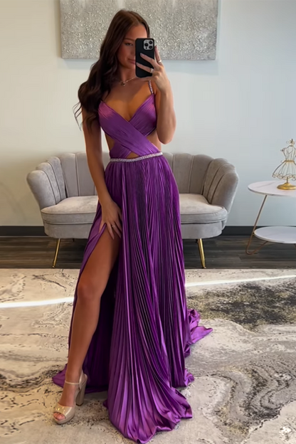HE027-Vestidos de fiesta largos metalizados de corte A para mujer, vestidos de noche con abertura lateral, vestidos de fiesta de talla grande con escote en V y pliegues