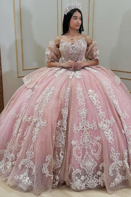 HE073-Pink Glittery Tulle Quinceanera Dresses Ball Gown with Detachable Sleeves Sweetheart Birthday Party Dresses