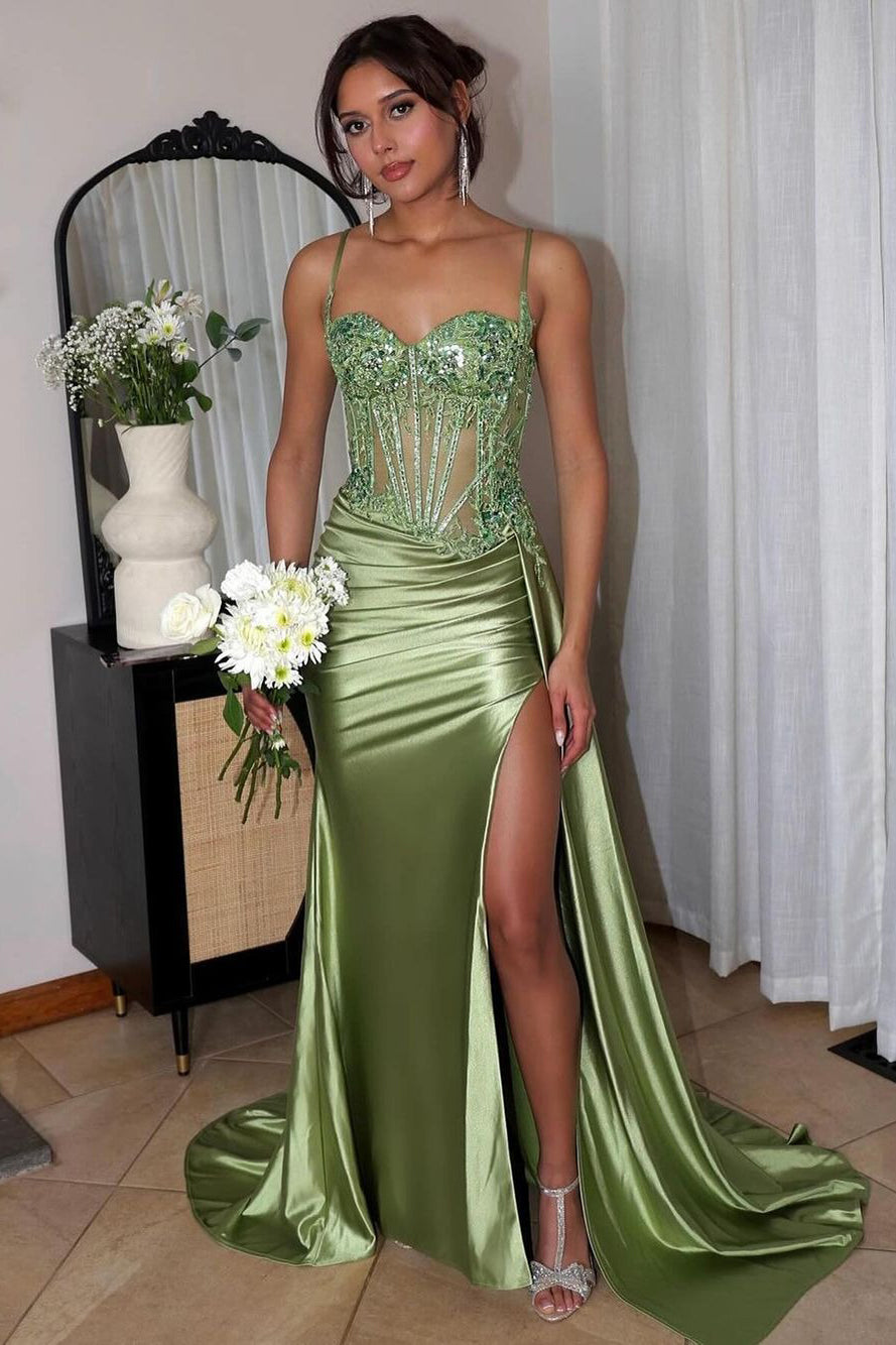 HE011-Satin Lace Beaded Prom Dresses Long with Slit Sweetheart Evening Dresses Plus Size Straps Party Gowns for Women