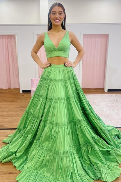HE022-Vestidos de fiesta largos verdes de dos piezas para mujer, escote en V, corte A, para banquetes y formales