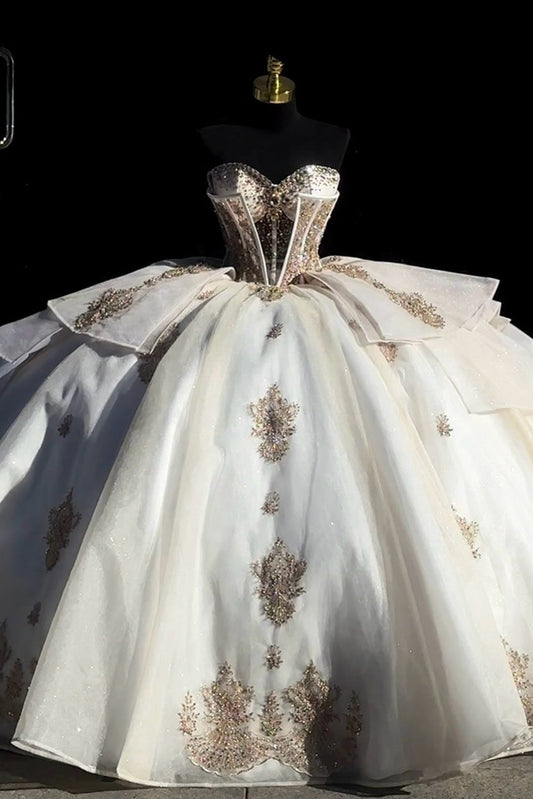 HE057-Gergeous Champagne Ball Gown Quinceanera Dresses for Sweet 16 Tulle Lace Appliques Beaded Sweetheart Birthday Party Gowns