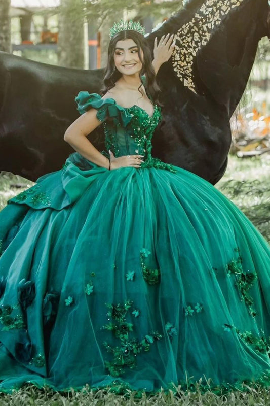 HE059-Off Shoulder Emerald Green Quinceanera Dresses with 3d Flower Tulle Lace Sweet 16 Birthday Party Gowns
