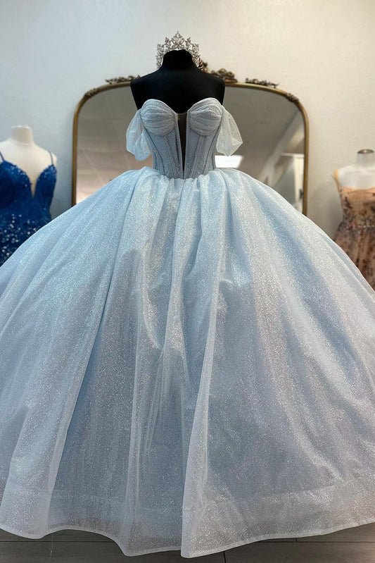 HE055-Glittery Tulle Ball Gown Quinceanera Dresses Off Shoulder Sweet 16 Prom Gowns Big Bow Birthday Party Dresses