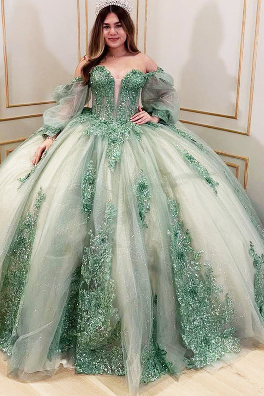 HE051-Green Lace Appliques Beaded Quinceanera Dresses Ball Gown Long Sleeves Sweet 16 Birthday Party Dress