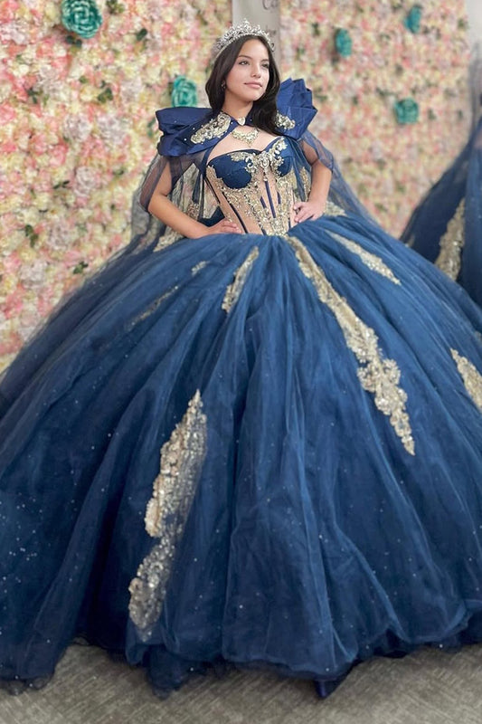 HE056-Blue Tulle Lace Appliques Quinceanera Dresses Ball Gown Cap Sleeves Birthday Party Dresses for Sweet 16