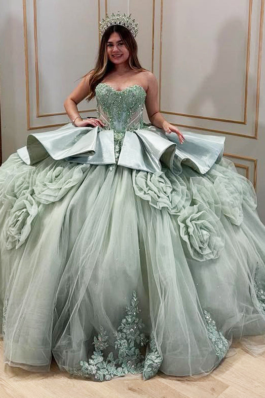 HE052-Sweetheart Lace Beaded Ball Gown Quinceanera Dresses Satin Ruffles Sweet 16 Birthday Gowns with Long Train