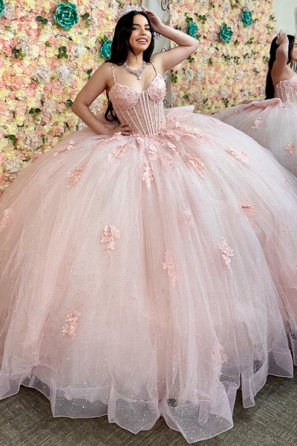 Glittery Tulle Quinceanera Dresses Lace Appliques Beaded Sweet 16 Pink – Hebebridal