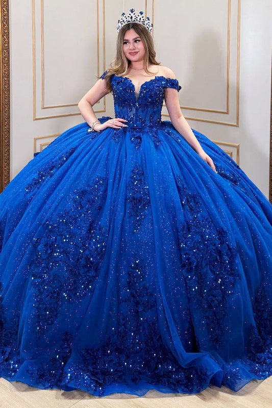 HE066-Off Shoulder Elegant Royal Quinceanera Dresses Tulle Lace Beaded Ball Gown Sweet 16 Birthday Party Dresses