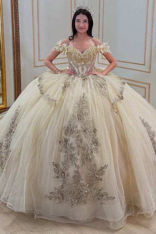HE050-Champagne Ball Gown Lace Beaded Quinceanera Dresses Appliques Off Shoulder Birthday Party Gown for Sweet 16