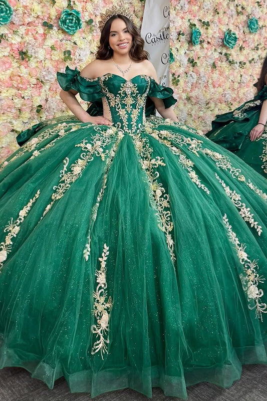 HE069-Off Shoulder Emerald Gergeous Quinceanera Dresses Tulle Lace Appliques Sweet 16 Birthday Party Gowns