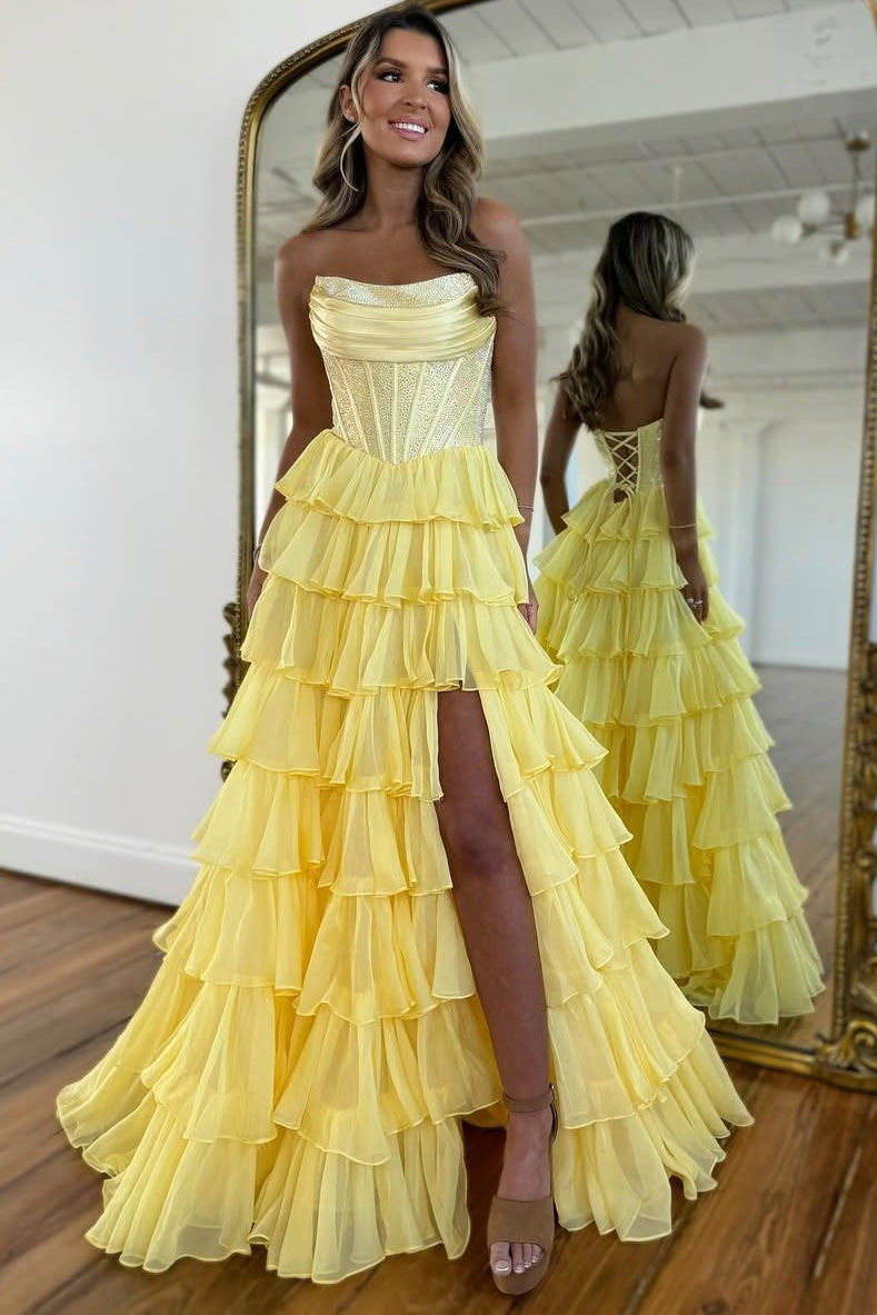 Sparkly A-Line Long Prom Dresses Strapless Corset Ruffles Evening Gowns HE017
