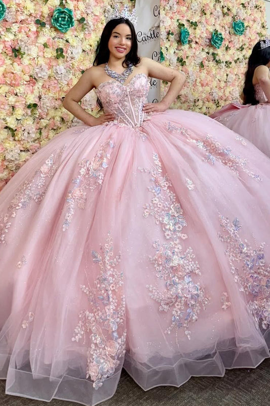HE068-Pink Sweetheart Ball Gown Quinceanera Dresses Tulle Beaded Sweet 16 Gowns 3d Lace Appliques Birthday Party Dress