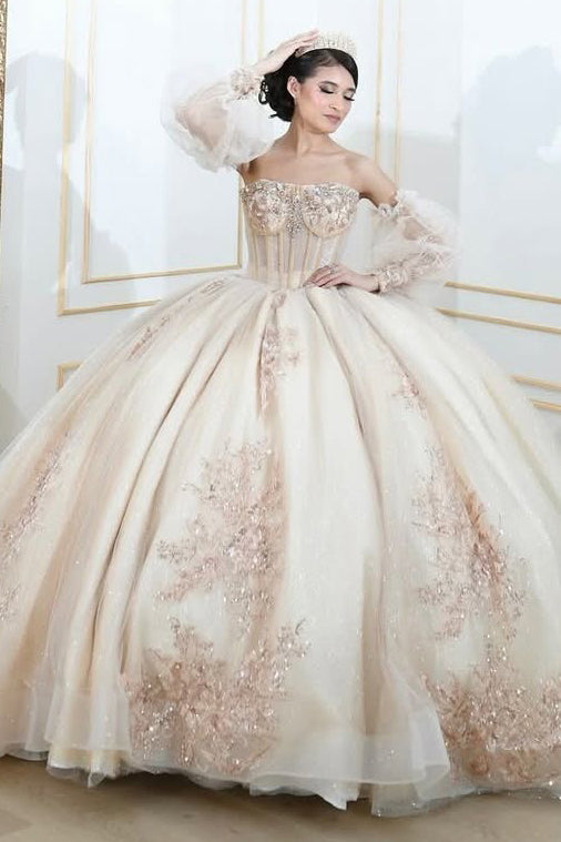 HE061-Gergeous Ball Gown Quinceanera Dresses with Detachable Sleeves Tulle Lace Appliques Sweet 16 Champagne Birthday Dress