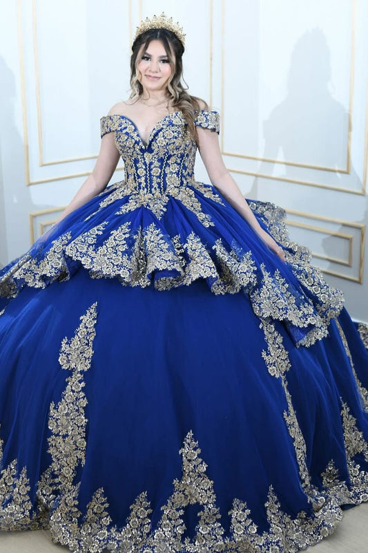 HE053-Off Shoulder Ball Gown Quinceanera Dresses Tulle Lace Appliques Sweet 16 Birthday Party Gowns for Girls