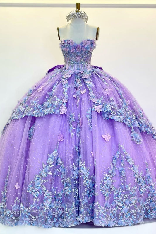 HE311-Lilac Sweetheart Tulle Appliques Quinceanera Dresses Ball Gown Princess Birthday Sleeveless Prom Party Dresses for Sweet 16