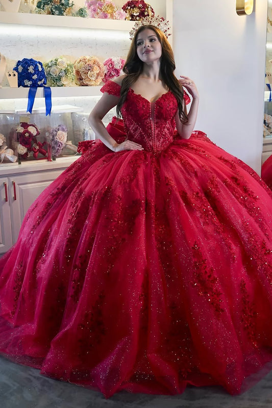 Vestidos de quinceañera con hombros descubiertos, tul princesa, apliques, vestidos de quinceañera HE530