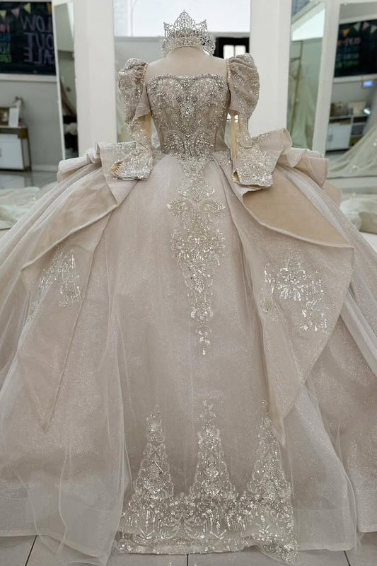 Vestido de quinceañera con tul color champán y encaje con cuentas, vestido de fiesta estilo princesa con escote corazón HE429