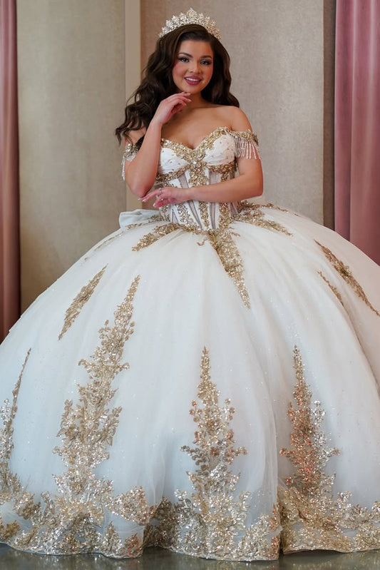 HE320-Off Shoulder Champagne Quinceanera Dresses Ball Gown Princess Sweet 16 Party Dress Tulle Lace Prom Gowns