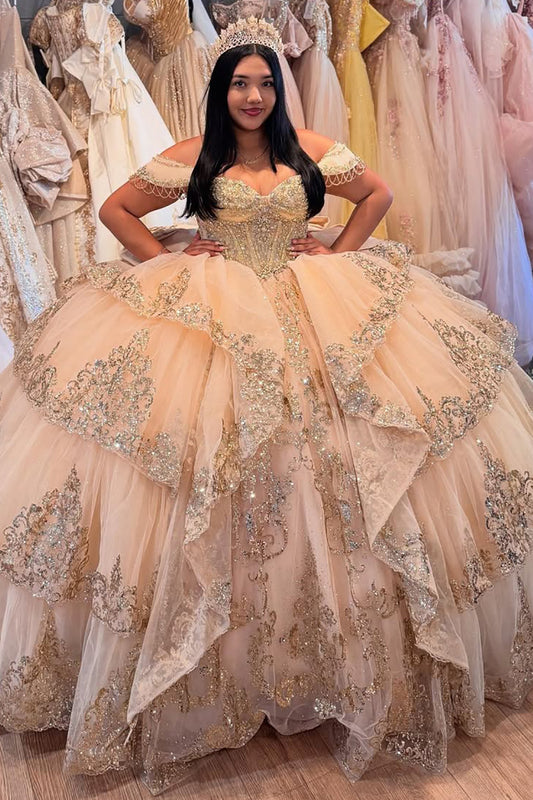 Vestidos de quinceañera con hombros descubiertos, tul princesa, apliques, vestidos de quinceañera HE530